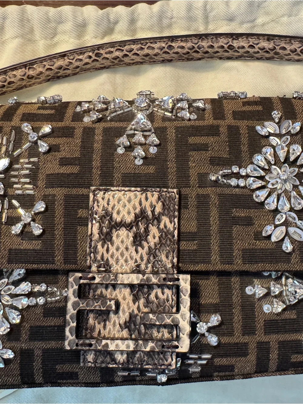 Special edition one of a kind Fendi baguette crystal embellishment snake skin